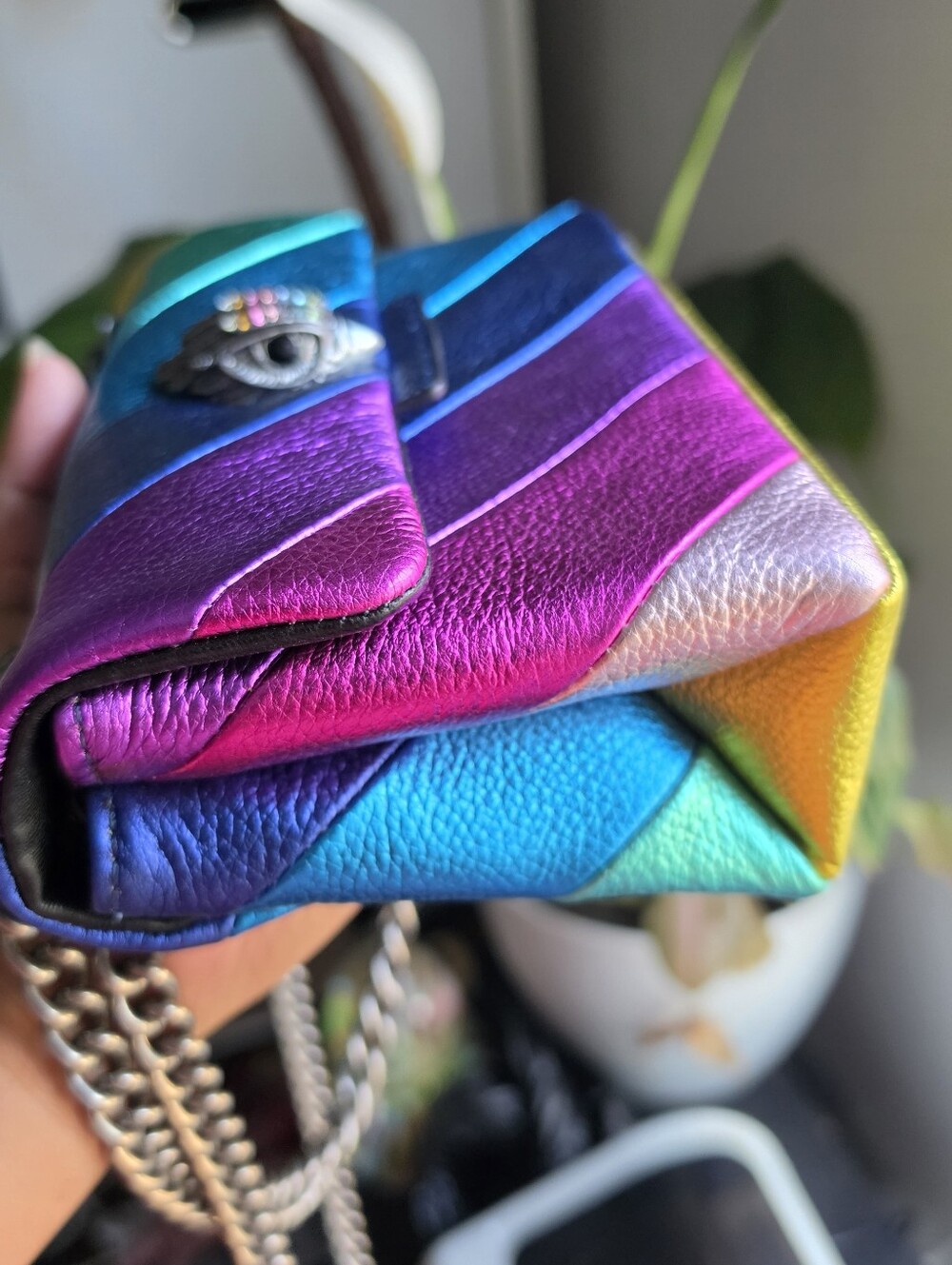 Kurt Geiger Rainbow Chevron Leather Crossbody Bag - Pink Purple Blue Teal Yellow - Picture 4 of 12